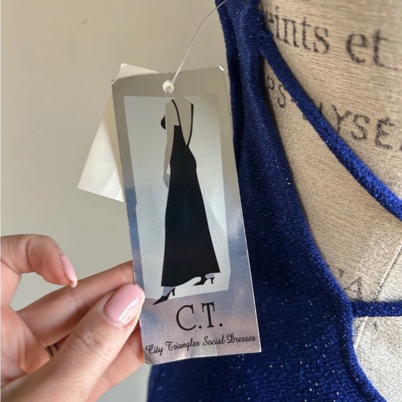 Vintage Y2K City Triangles Blue Glitter Midi Dress M Whimsigoth Fairy USA NWT - Picture 2 of 14